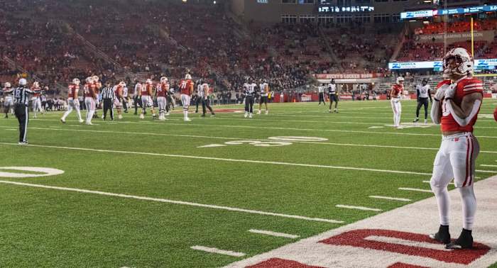 Wisconsin running back Braelon Allen (0) stands on the slidelines during the fourth quarter of their game Saturday, November 11, 2023 at Camp Randall Stadium in Madison, Wisconsin. Northwestern beat Wisconsin 24-10.